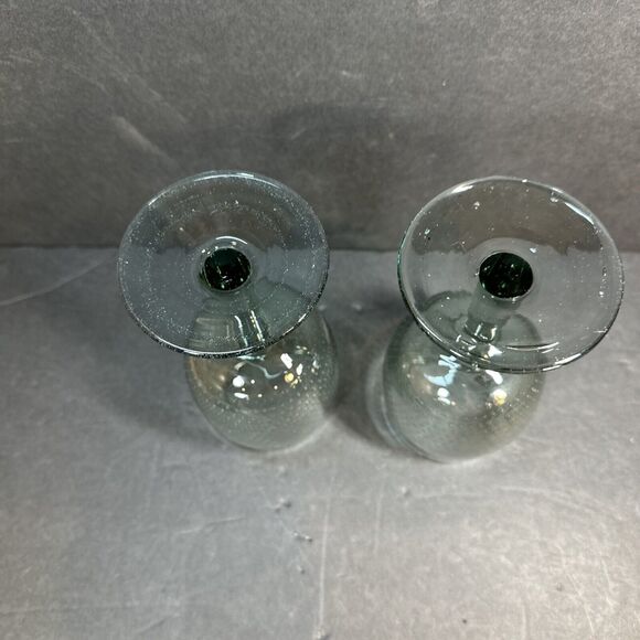 Mexican Bullicante Controlled Bubbles Goblets 7" Wine Set 2 Green Tint 1960s - Picture 4 of 7